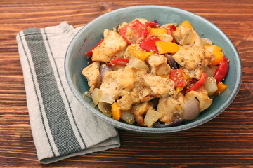 Chicken breast braised pear peppers and onions
