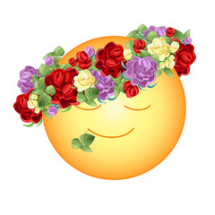 Orange smiling sun with a wreath of bright graphic of rose with