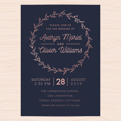 Modern navy blue and rose gold colors wedding invitation card template decorate with hand drawn leaf wreath laurel. Vector illustration.
