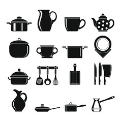 Set flat black silhouette dishes items