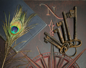 Collection of vintage style items including cast iron keys, navigational board, old book and weathered peacock feather