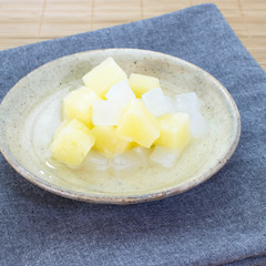 Can of fruit cocktail in heavy syrup