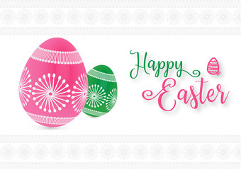 3D pink and green easter eggs on white decorative pattern background. Happy Easter background with calligraphy text clip art for web banner, border and decoration.