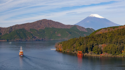 Beautiful Lake ashi and mt. Fuji in autumn season