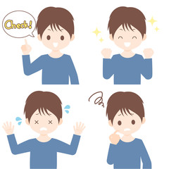 男性のイラスト　セット素材　チェック・喜ぶ・困る・悩む　白背景・ベクター