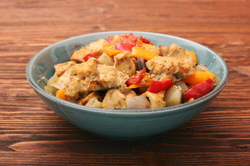 Chicken breast braised pear peppers and onions