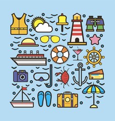 Naklejka premium Elements in concept of travelling isolated on blue. Cruise icons
