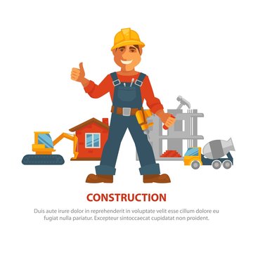 Construction advertisement banner with man in uniform and building equipment
