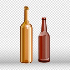 Two empty bottles of wine and beer isolated on transparent
