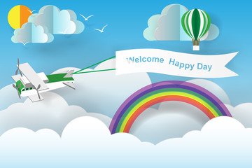 Paper art of welcome happy day board with plane flying in the sky, concept, vector art and illustration.