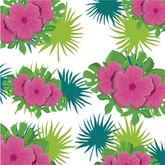 tropical flowers and leaves background. colorful design. vector illustration