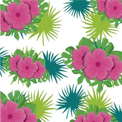 Fototapete Tropische Pflanzen tropische Blumen und Blätter Hintergrund. farbenfrohes Design. Vektor-Illustration