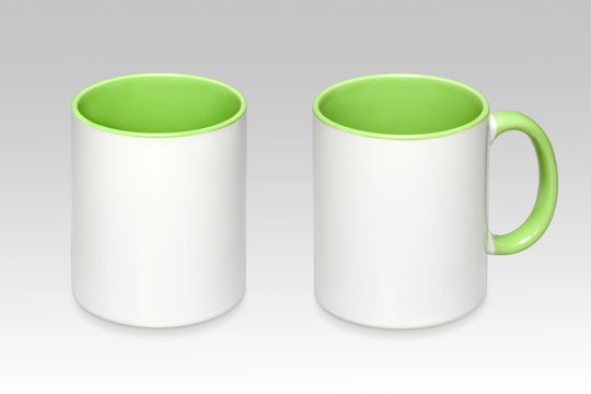Two positions of a white mug on a gray background
