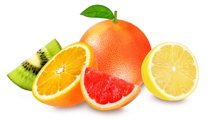 Isolated citrus fruits. Orange, grapefruit, lemon and kiwi  isolated on white