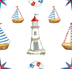 Watercolor seamless nautical pattern. Hand drawn cartoon background with sea elements: a boat, lighthouse, lifebuoy, Rose of Wind, blue stripes and frame. Wallpaper design on white background.