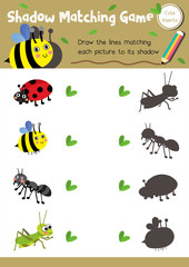 Shadow matching game of insect bug animals for preschool kids activity worksheet layout in A4 colorful printable version. Vector Illustration.