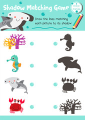 Shadow matching game of ocean animals for preschool kids activity worksheet layout in A4 colorful printable version. Vector Illustration.
