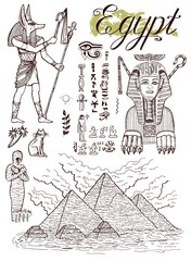 Hand drawn collection with pyramids and traditional Egyptian symbols.