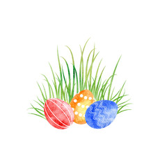 Watercolor Easter eggs at green grass