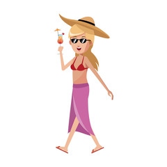 girl in bikini holding a cocktail drink icon over white background. colorful design. vector illustration