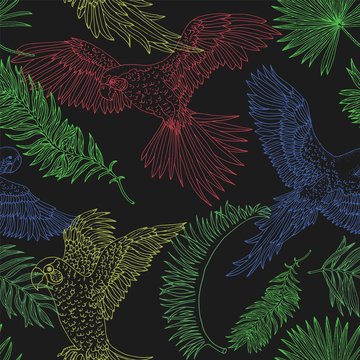 Seamless background with colorful parrots and palm leaves