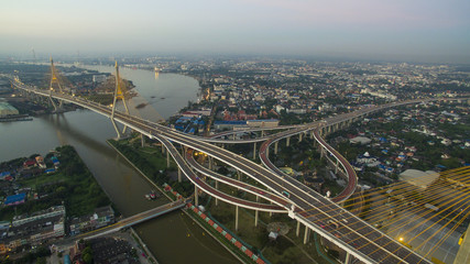 Fototapeta na wymiar aerial view of bhumibol bridge crossing chaopraya river in bangkok thailand