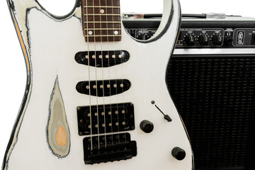 Vintage Electric Guitar and an Amplifier Isolated on a White Background
