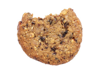 Bitten oatmeal raisin cookie isolated on white background