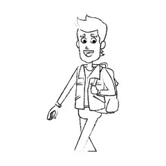 young man with backpack cartoon icon image vector illustration design  black sketch line