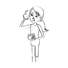 woman eating apple healthy food icon image vector illustration design  black sketch line