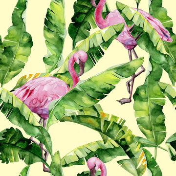 
    Tropical leaves, dense jungle. Banana palm leaves Seamless watercolor illustration of tropical pink flamingo birds. Trendy pattern with tropic summertime motif. Exotic Hawaii art background. 