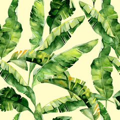 Naklejka na ściany i meble Seamless watercolor illustration of tropical leaves, dense jungle. Pattern with tropic summertime motif may be used as background texture, wrapping paper, textile,wallpaper design. Banana palm leaves 