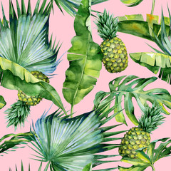 Seamless watercolor illustration of tropical leaves and pineapple, dense jungle. Pattern with tropic summertime motif may be used as background texture, wrapping paper, textile,wallpaper design. 