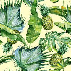 Fototapety  Bezszwowe akwarela ilustracja tropikalnych liści i ananasa, gęsta dżungla. Wzór z motywem tropikalnym letnim może być używany jako tekstura tła, papier pakowy, tekstylia, projekt tapety.