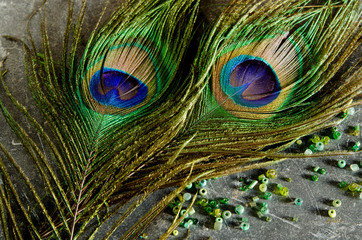 Beautiful peacock feathers and seed beads on black slate background