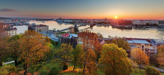 Budapest cityscape at sunrise, panorama of Hungary