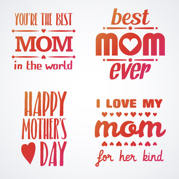 Happy Mothers Day Lettering Calligraphic Emblems and Badges Set. Vector Design Elements For Greeting Card and Other Print Templates.
