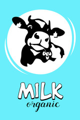 Cow. Milk and dairy products. Vector emblem.