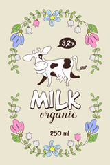 Funny cow in a frame of wild flowers. Vector illustration.