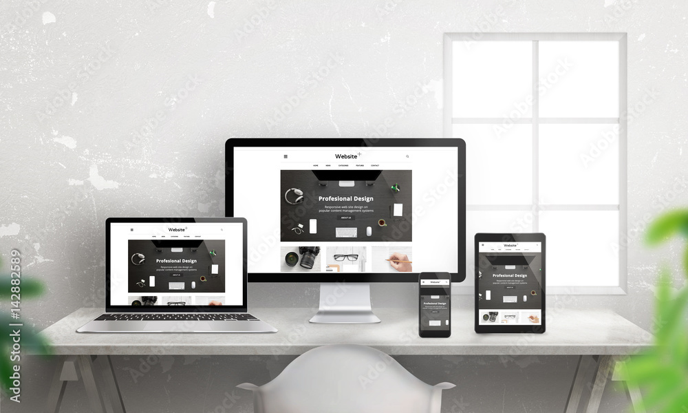Aufkleber Creative flat responsive web site promotion on different devices. Profesional web design studio. Office desk with devices. Wall and window in background.