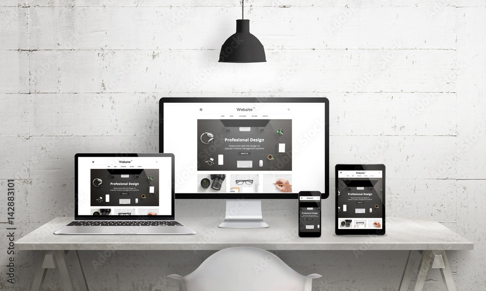 Poster Creative deks scene for web design agency promotion. Modern, clean responsive web site promotion on different devices. Designer studio desk front view.