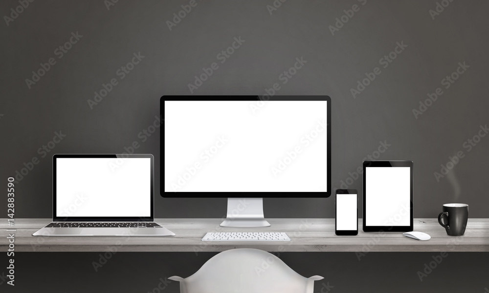 Poster Web designer studio with different devices. Modern devices with isolated, blank, white screens for responsive web site presentation.