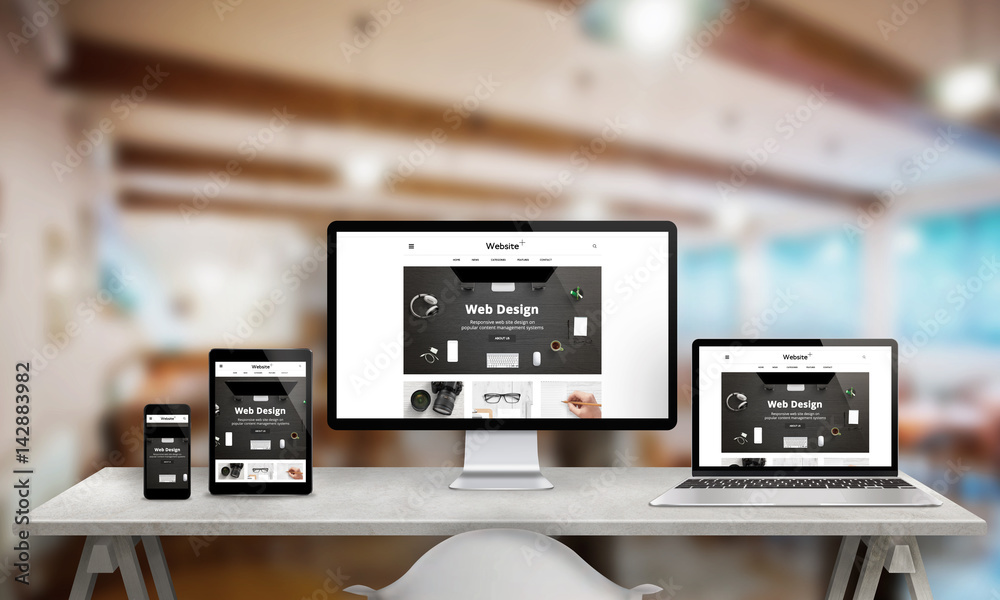 Aufkleber Web design studio promotion on multiple devices. Responsive web site on computer display, laptop, tablet and smart phone. Modern clean design with clean creative images.