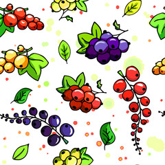 Natural organic seamless pattern with cartoon juicy  currant. Vector illustration. Isolated, outline. Fruit and garden berry colorful web icon hand drawn. doodle style. on watercolor drops background