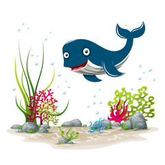 Illustration of an underwater landscape with whale and plants