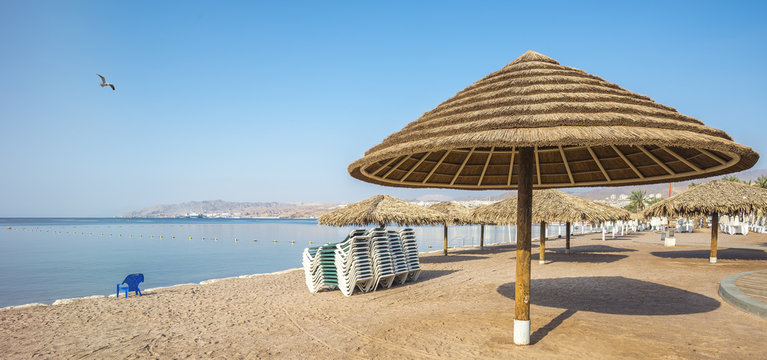 Central public beach in Eilat - famous resort city in Israel and Middle East

