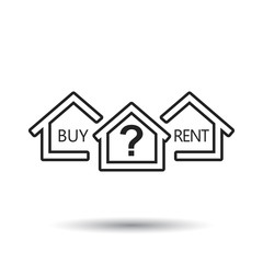 Concept of choice between buying and renting house in line style. Black home icon with the question. Vector illustration in flat style on white background.