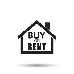 Buy or rent house. Black home symbol with the question. Vector illustration in flat style on white background.