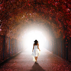 a women is walking towards the light in the garden  - 142884728