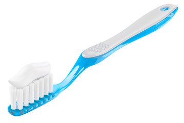 Toothbrush with white toothpaste, transparent blue handle. 3d image isolated on white